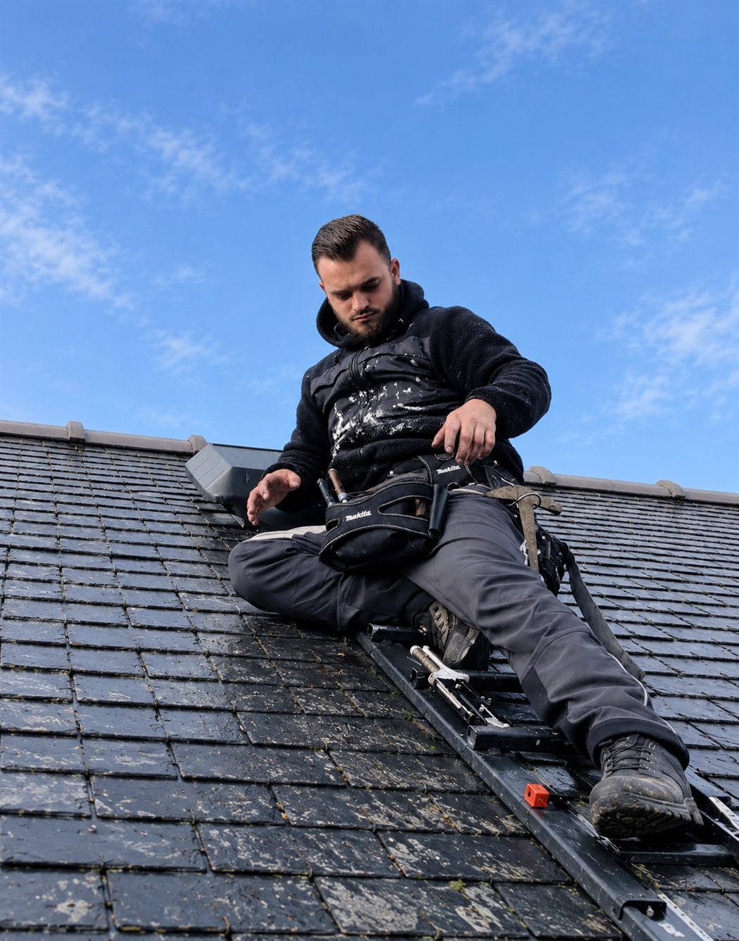 Artisan assis sur un toit en ardoise, harnais et ceinture à outils Makita, échelle de toit posée à côté de lui